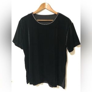 Classic Vintage Black Short Sleeve Velvet Blouse Top with Beads Size L/ LX